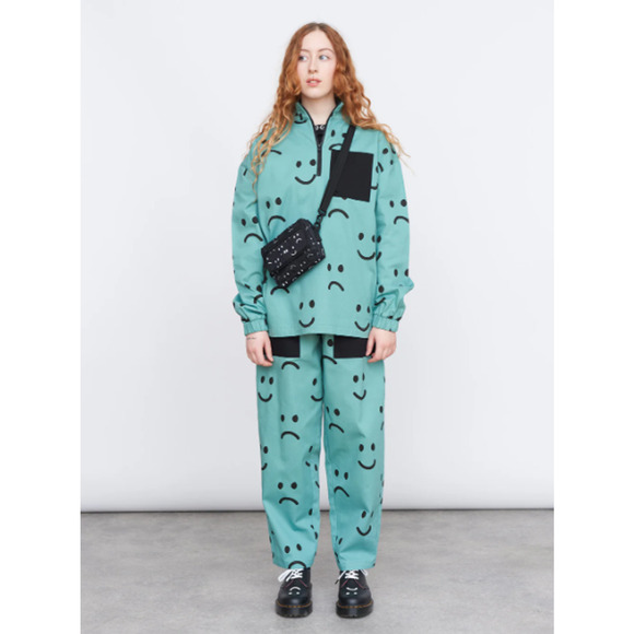 Lazy Oaf Happy Sad Barrel Leg Colorblock Green Cotton Trouser Pants-Size 10/32" - Picture 2 of 7